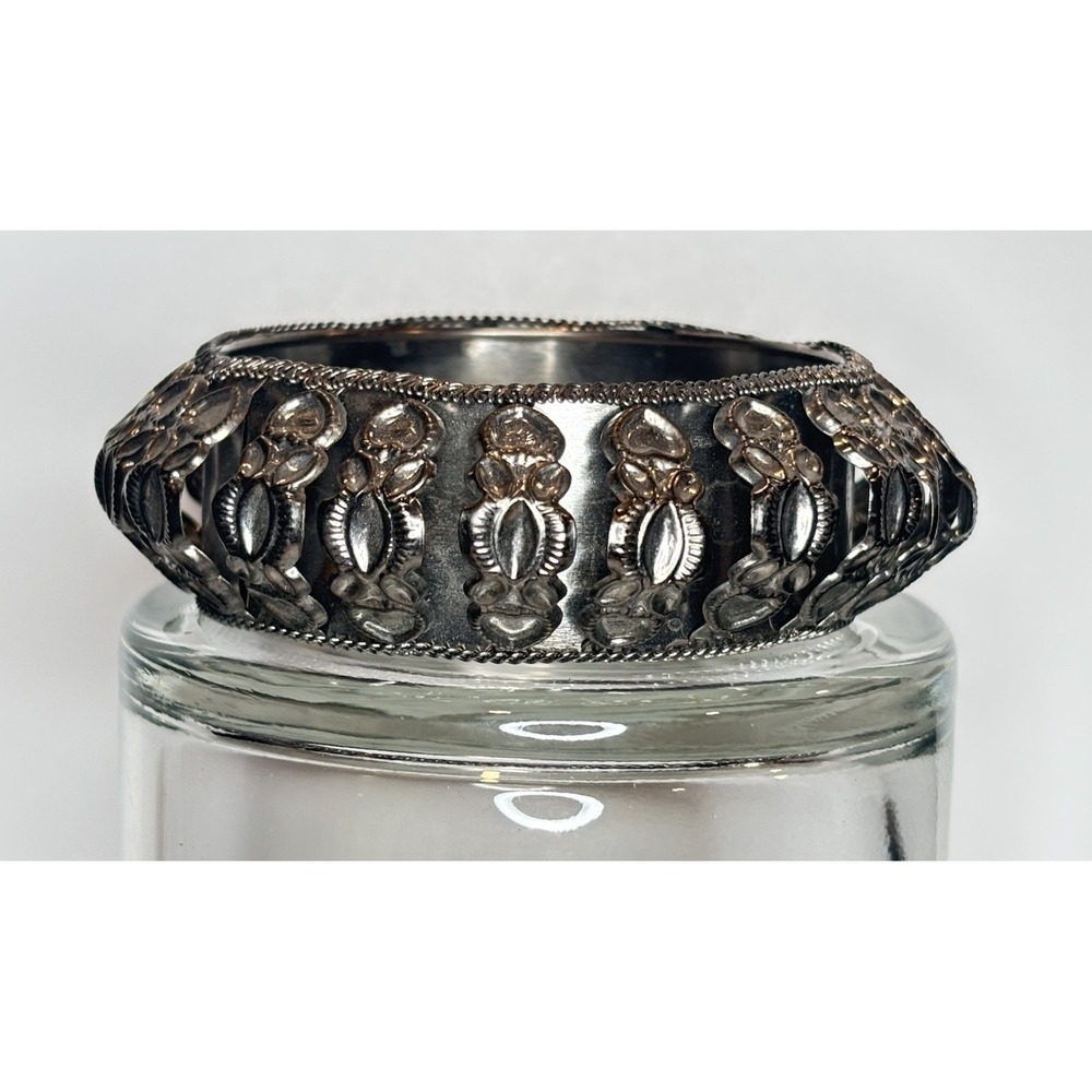 Vintage Silver Tone Repoussé Bangle Bracelet Hollow Rattle Ball Boho